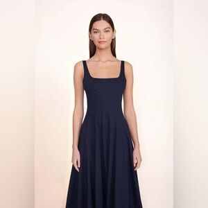 NEW STAUD Wells Stretch Cotton Sleeveless Midi Dress Navy | US 2 UK 6